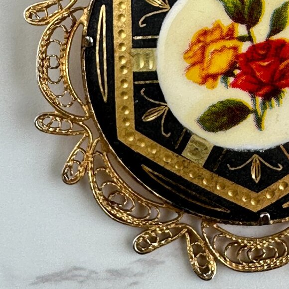Vintage Filigree Damascene Guilloche Rose Brooch With Yellow & Red Floral Design - Picture 4 of 10